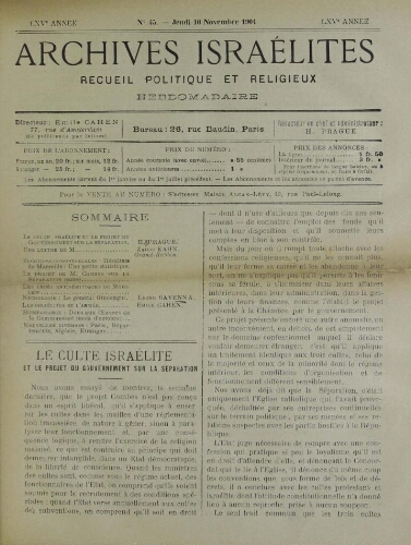 Archives israélites de France. Vol.65 N°45 (10 nov. 1904)